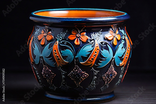 Decorated ceramic pot. Vibrant colors against dark backdrop. Unique artistic decor for interiors and creative design concepts. © Amila Vector