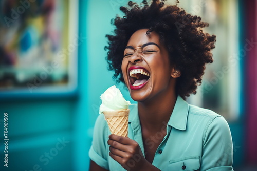 Woman Laughing with Vanilla Ice Cream photo