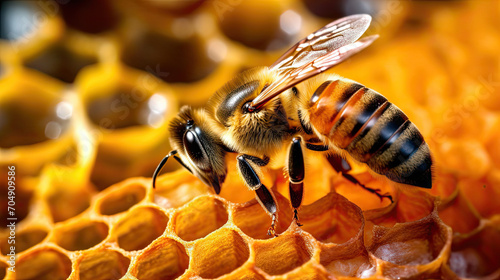 Close up of a bee on honeycomb © reddish