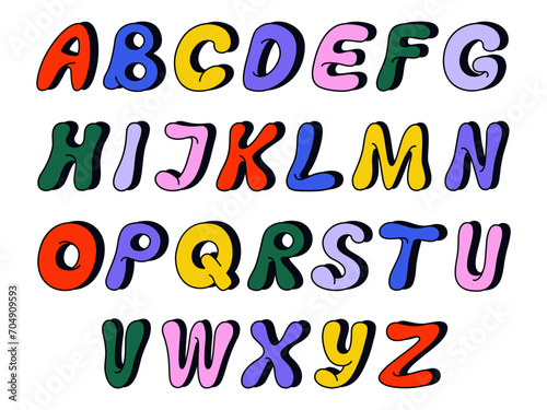 Cute colorful English alphabet, vintage font. Funny childish typeface. Hand drawn vector illustration isolated on white background. Modern flat cartoon style.