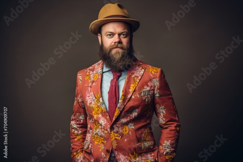 Handsome bearded man in a suit and hat on a dark background.