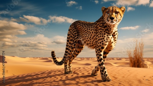A beautiful cheetah in the wild desert on a blue sky background on a sunny day.