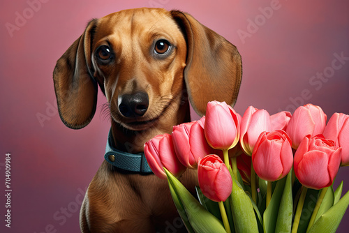 Dachshund dog with spring flowers, valentine's day banner, Mother's day, Woman's day celebration 