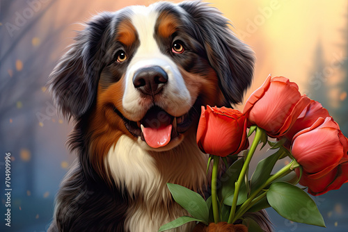 Bernese dog with spring flowers  valentine s day banner  Mother s day  Woman s day celebration 