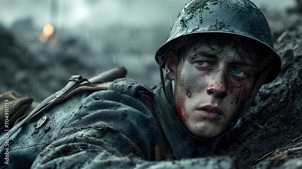 Solemn soldier in rainy combat in trenches