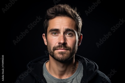 Portrait of a handsome young man with a beard on a black background. © Inigo