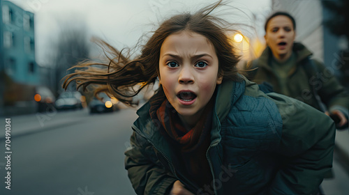 Girl running and hiding from air raid sirens photo