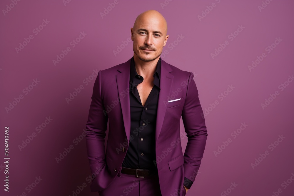 Portrait of a handsome bald man in a purple suit. Men's beauty, fashion. Portrait of a handsome bald man in a purple suit. Men's beauty, fashion.