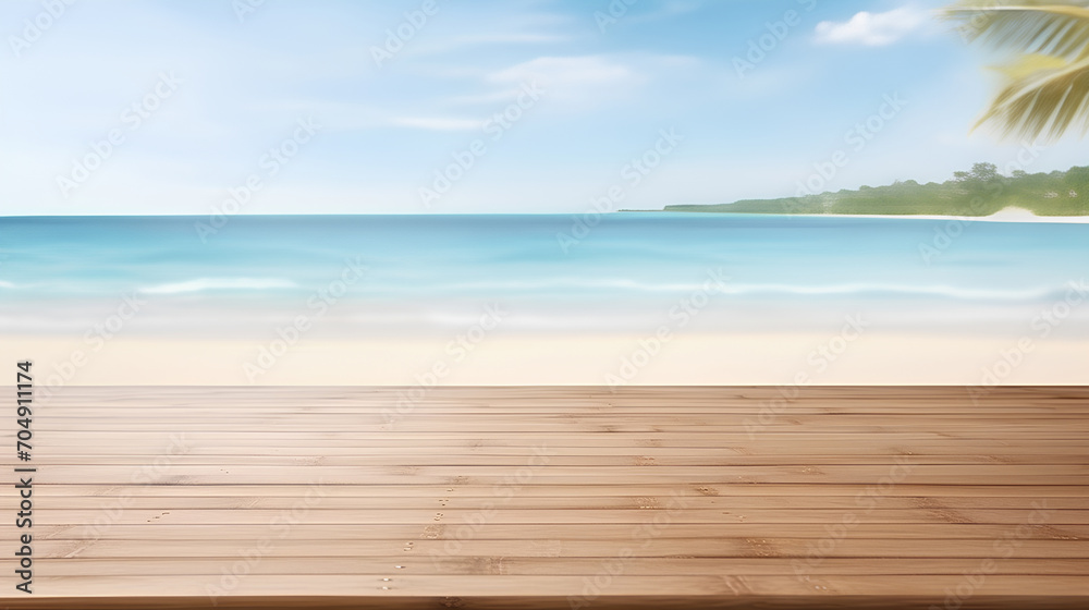 Top of wooden table with blurred sea background