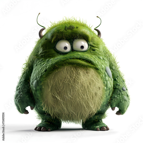Cute green fuzzy monster with big eyes isolated on white