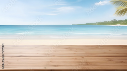 Top of wooden table with blurred sea background