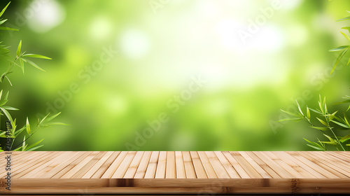 Top of bamboo table with blurred green background