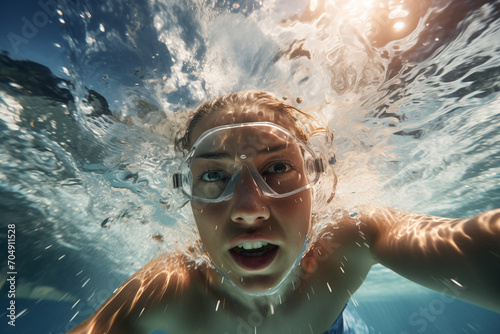 A girl diving with goggles in crystal clear water. underwater camera