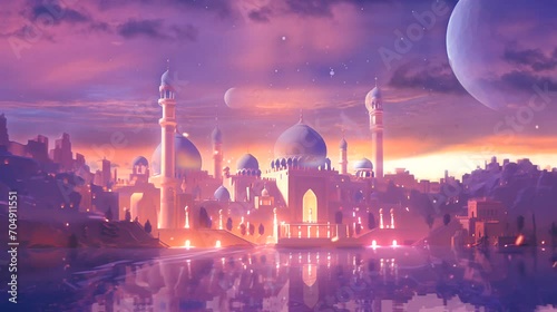purple mosque at night, fantasy mosque with many buildings photo