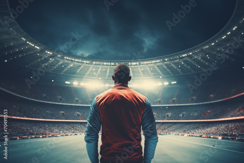 A sporty man contemplating the atmosphere of a crowded stadium