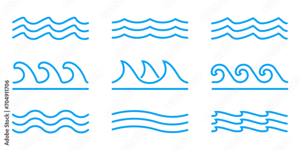 Wave icon set. Water waves line logo collection. Sea, ocean outline symbol. Vector illustration. - obrazy, fototapety, plakaty 