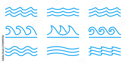 Wave icon set. Water waves line logo collection. Sea, ocean outline symbol. Vector illustration.