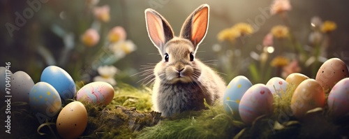 Easter bunny and eggs background magical art with empty copy space Generative AI