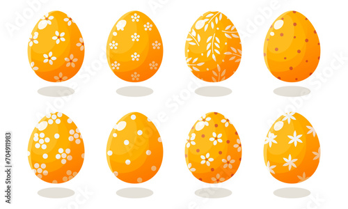 A set of yellow Easter eggs with different patterns. Vector illustration on a white background. Happy easter. Spring holiday. Collection of decorative Easter symbol. Spring colorful chocolate egg.