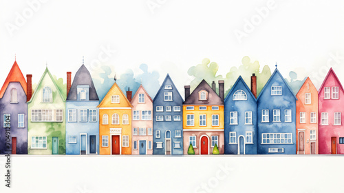 A row of colorful watercolor houses