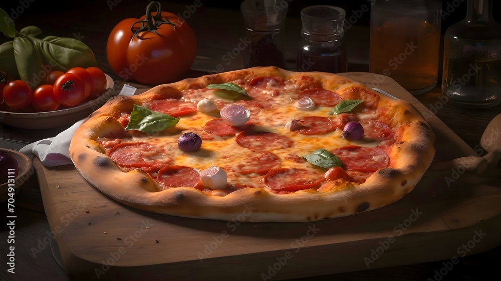 Round pizza with cheese, ham, basil, onions, tomatoes, spices on a wooden kitchen board. Decorations of vegetables and spices all around. Side view. Dark background.