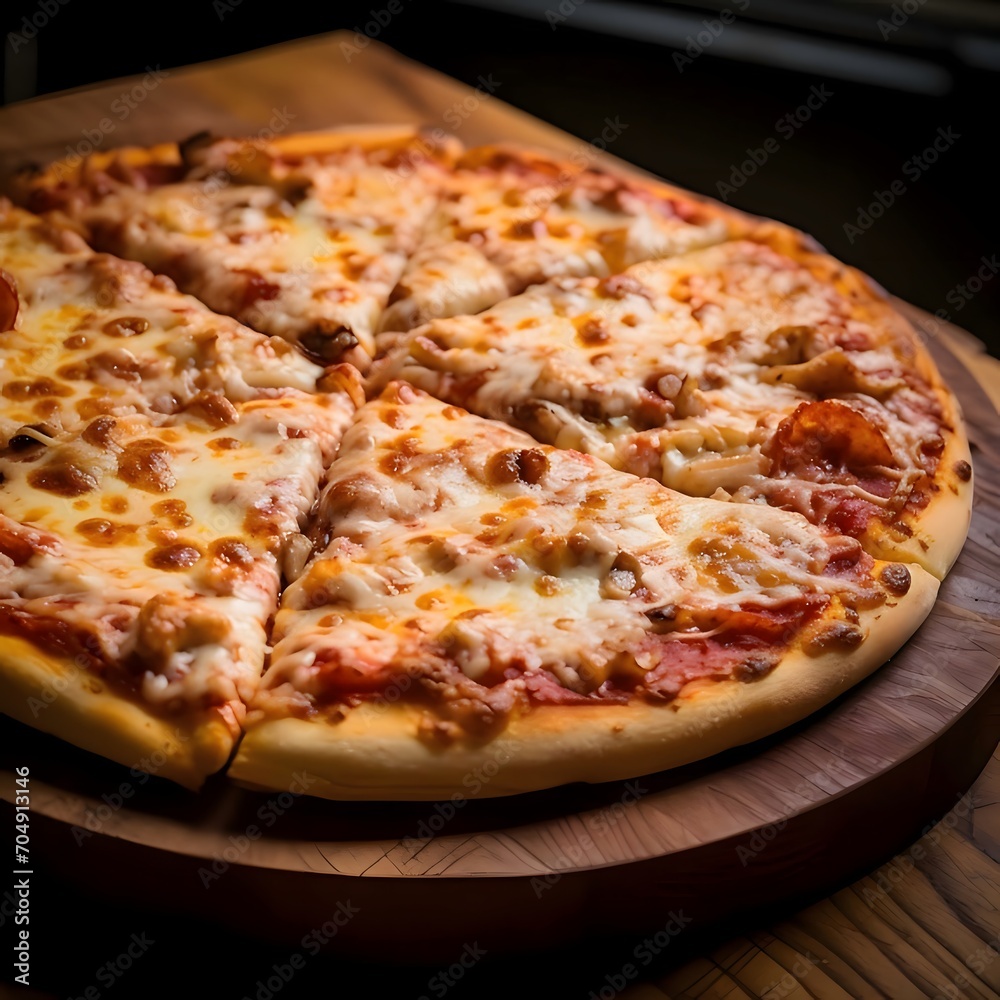 Round pizza with cheese, spices on a wooden kitchen board. Side view. Dark background.