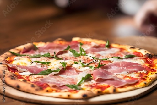 Round pizza with cheese, ham, basil, salami, spices on a wooden kitchen board. Side view.