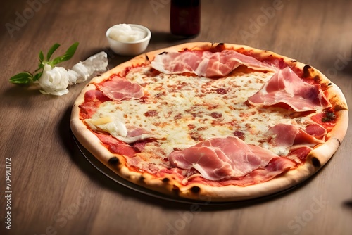 Round pizza with cheese, ham, basil, salami, spices on a wooden kitchen board. Around the decoration with vegetables and spices. Side view.