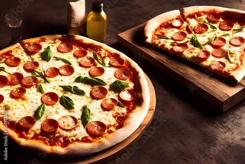 Round pizza with cheese, ham, basil, salami, spices on a wooden kitchen board. Around the decoration with vegetables and spices. Side view.