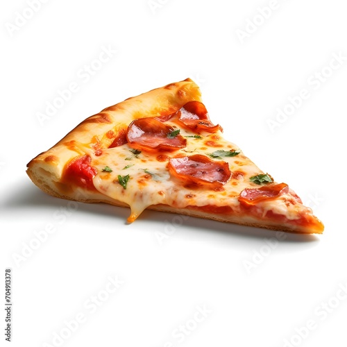 A piece of pizza with cheese, salami, spices. Photo. White background isolated.