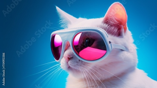 Close-up of a fluffy white cat in fashionable glasses illuminated with pink light on a blue background with a copy space.