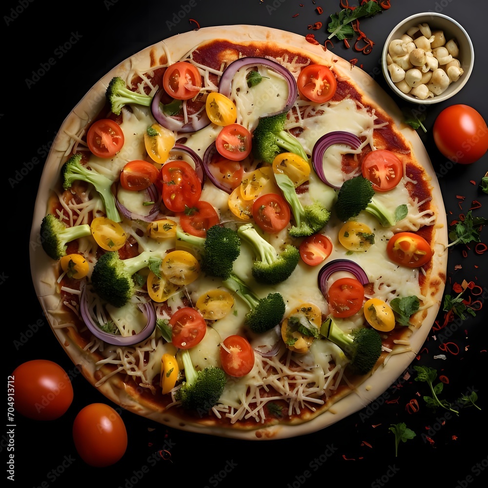 Round pizza with cheese, ham, tomatoes, broccoli, onions, spices.Decorations of vegetables and spices all around. View from above. Round pizza with cheese, ham, tomatoes, broccoli, onions, spices.Decorations of vegetables and spices all around. View from above.