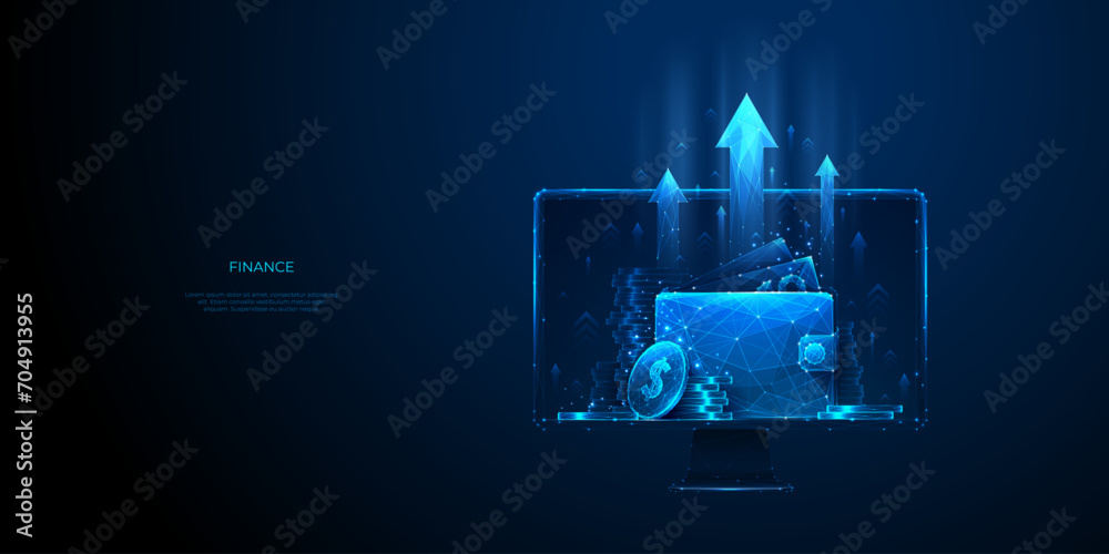 Increase Revenue Concept. Wallet with Digital Cash Money and Coins on Computer Monitor Background. Low Poly Wireframe Light Blue Vector Illustration. Financial Growth and Business. Polygonal Vector - obrazy, fototapety, plakaty 