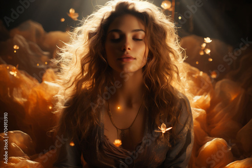 A portrait of sensual woman in sun light in background. Young woman dreaming or doing Spiritual ritual or mediation. Mystical Orange and dark background.
