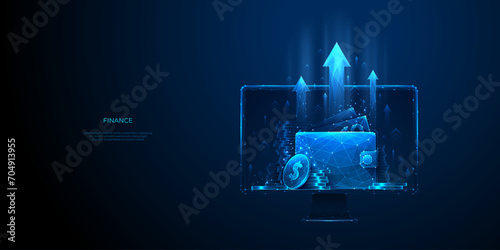 Increase Revenue Concept. Wallet with Digital Cash Money and Coins on Computer Monitor Background. Low Poly Wireframe Light Blue Vector Illustration. Financial Growth and Business. Polygonal Vector