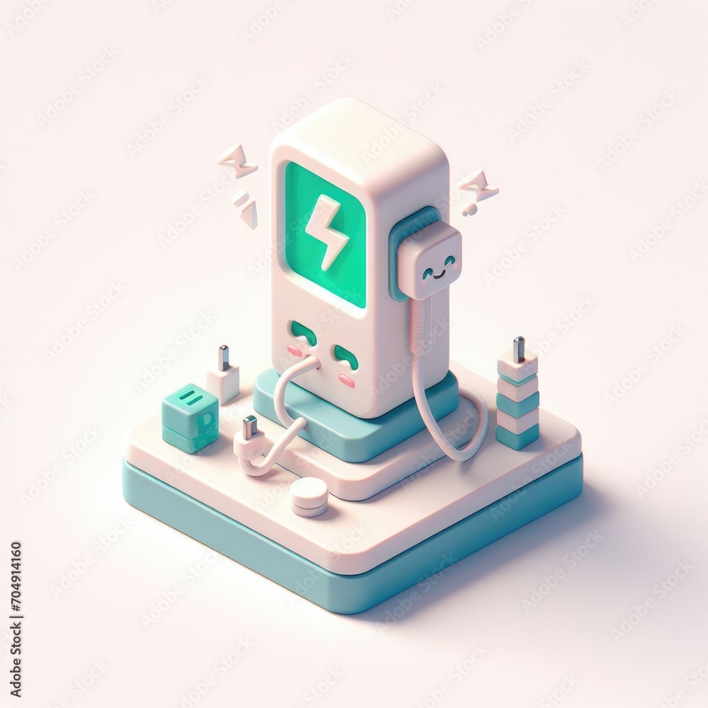 Obraz premium Electric Car Charging Station 3D Minimalist Cute Isometric Icon on a White Background.