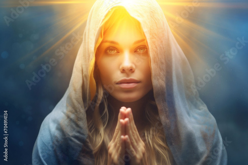 A portrait of sensual woman in sun light in the background. Young woman praying or doing Spiritual ritual or mediation. Mystical blue background.