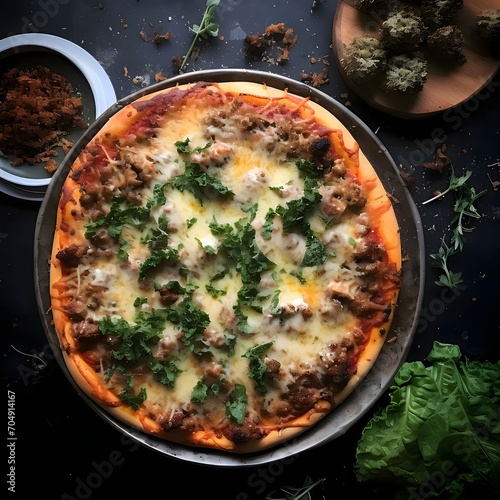 Round pizza with cheese, parsley, meat spices on a plate. Decorations of vegetables and spices all around. Top view.