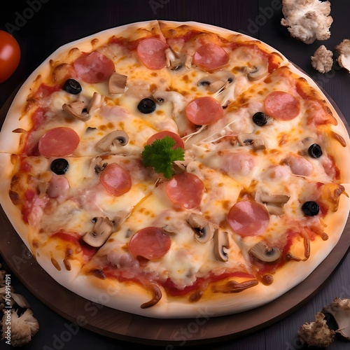 Round pizza with cheese, salami, olives, spices on a wooden kitchen board. Top view.