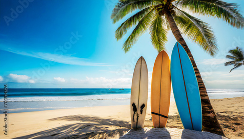 Surfboards and palm tree on a tropical beach holiday and vacation concept © LynnC