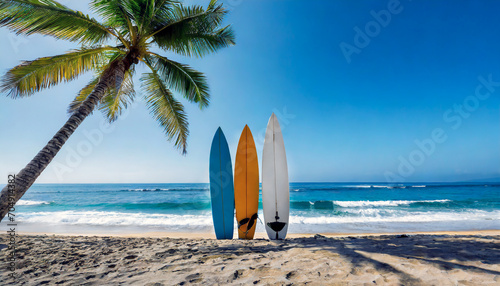 Surfboards and palm tree on a tropical beach holiday and vacation concept