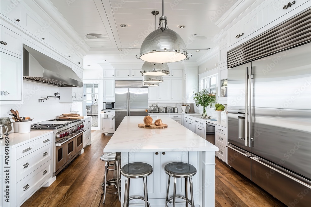 Fototapeta premium Luxurious kitchen design featuring a glossy white island, designer bar stools, and stylish hanging lights.