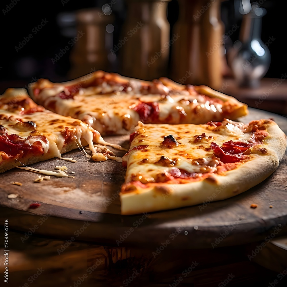 Round pizza with cheese, ham, spices on a wooden kitchen board. Side view. Dark smudged background.