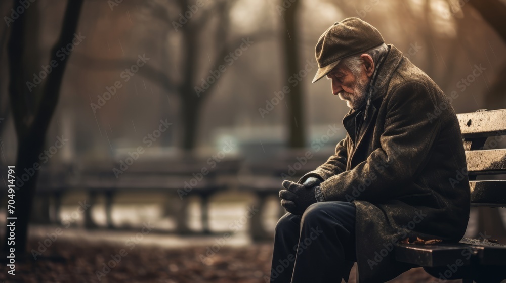Fototapeta premium Lonely Elderly Man Sitting Alone on a Park Bench During Autumn