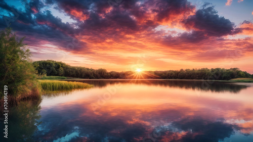 beautiful sunrise in lake. sunrise landscape, panorama sunrise in beautiful nature. Summer Watercolor Landscape.