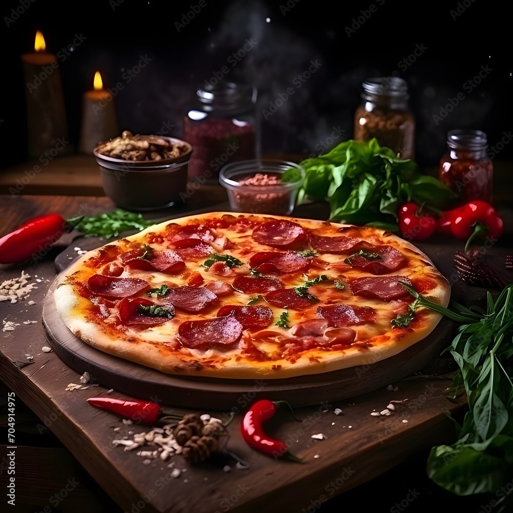 Pizza with cheese, salami, basil, spices on a wooden kitchen board. Around the decoration with vegetables and spices. Side view.