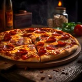 Round pizza with cheese, salami, spices on a wooden kitchen board. Around the decoration with vegetables and spices. Side view.