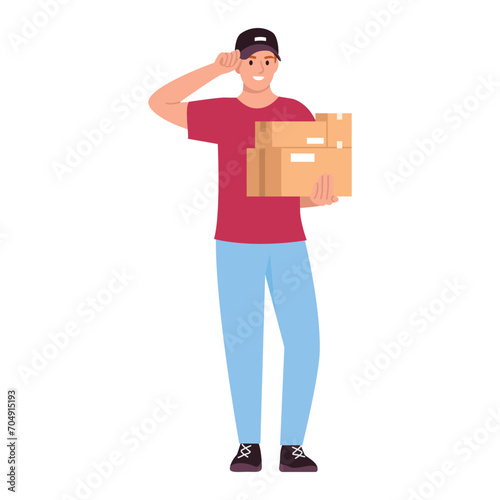 male courier holding packed parcels. flat vector illustration