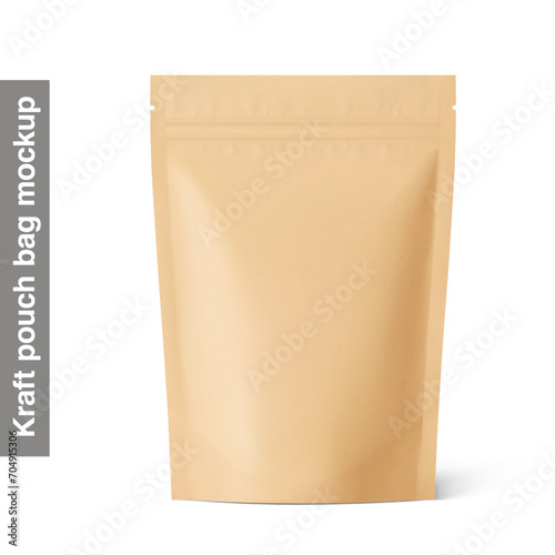 Realistic kraft stand up zipper pouch bag mockup with shadow. Vector illustration isolated on white background. Easy to make a realistic mockup of your product. EPS10.