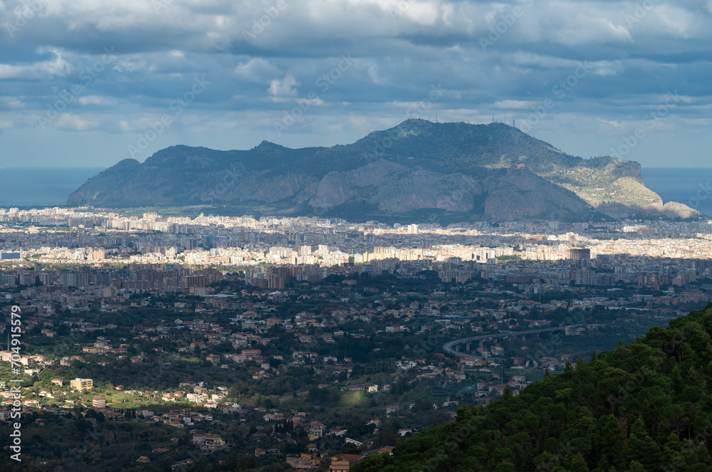 Panoramic view over the city of Palermo and the surrounding nature and mountains Palermo, Italy